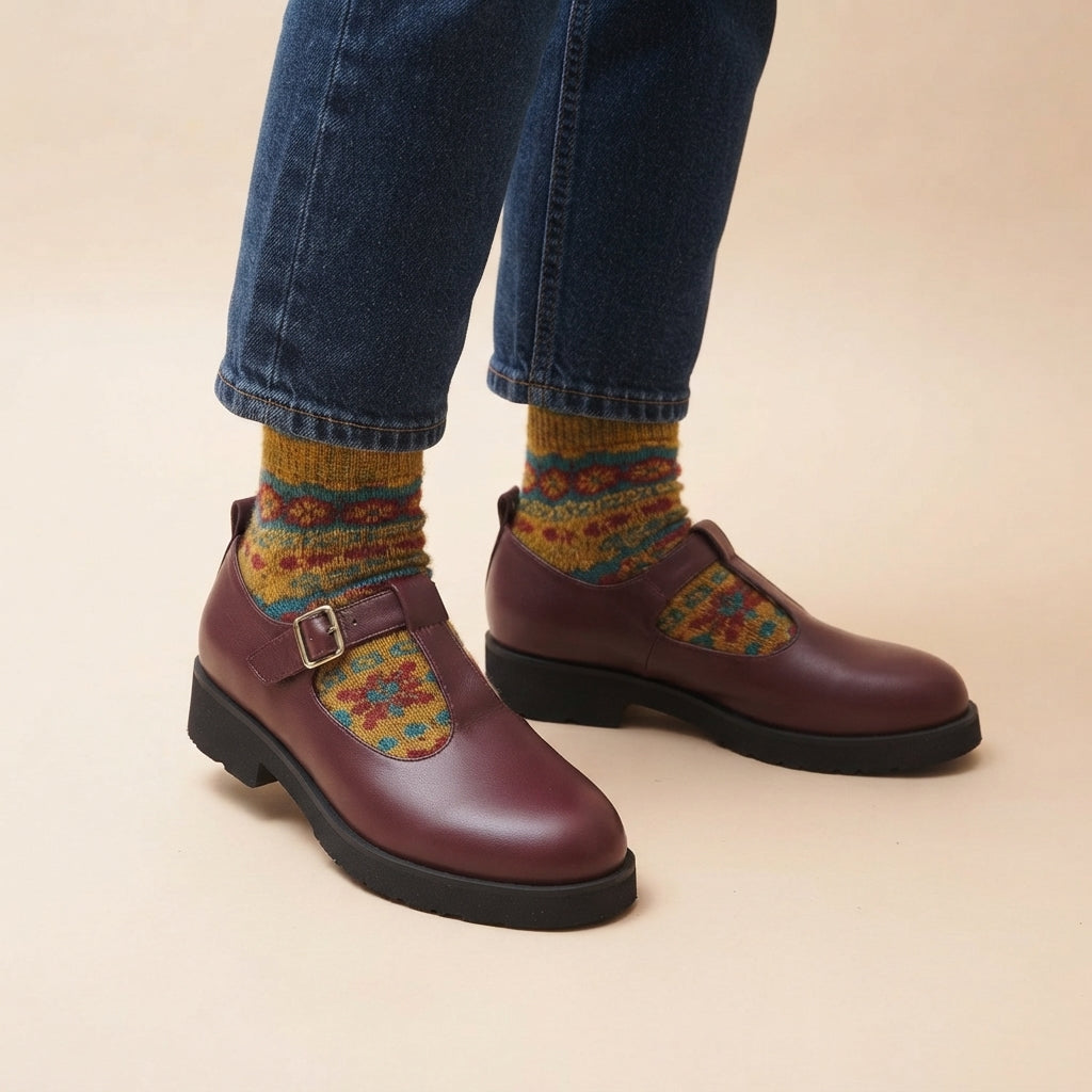 Flaminia Mary Jane T-Bar Calf Bordeaux