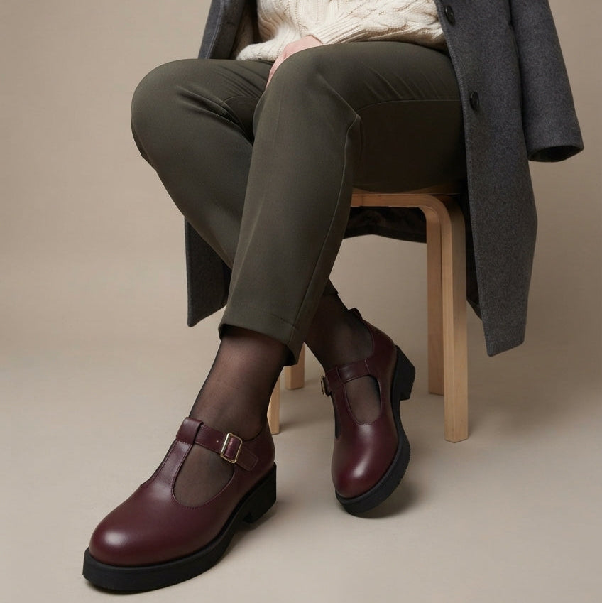 Flaminia Mary Jane T-Bar Calf Bordeaux