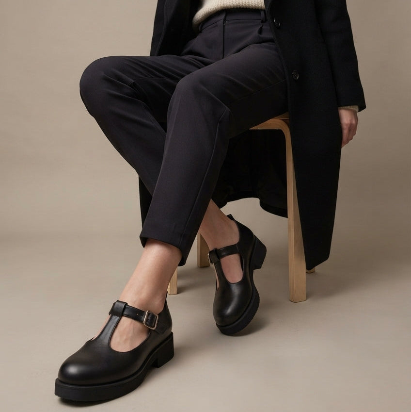 Flaminia Mary Jane T-Bar Black Calf