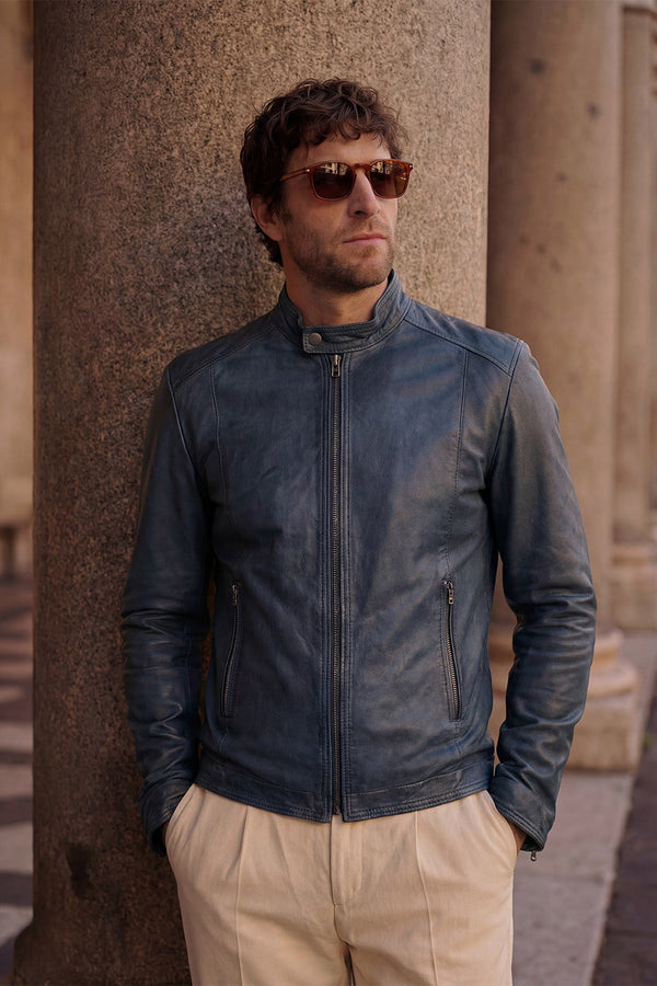 Giacca Massi Vintage Blu 100% vera pelle Made in Italy - Barone Firenze