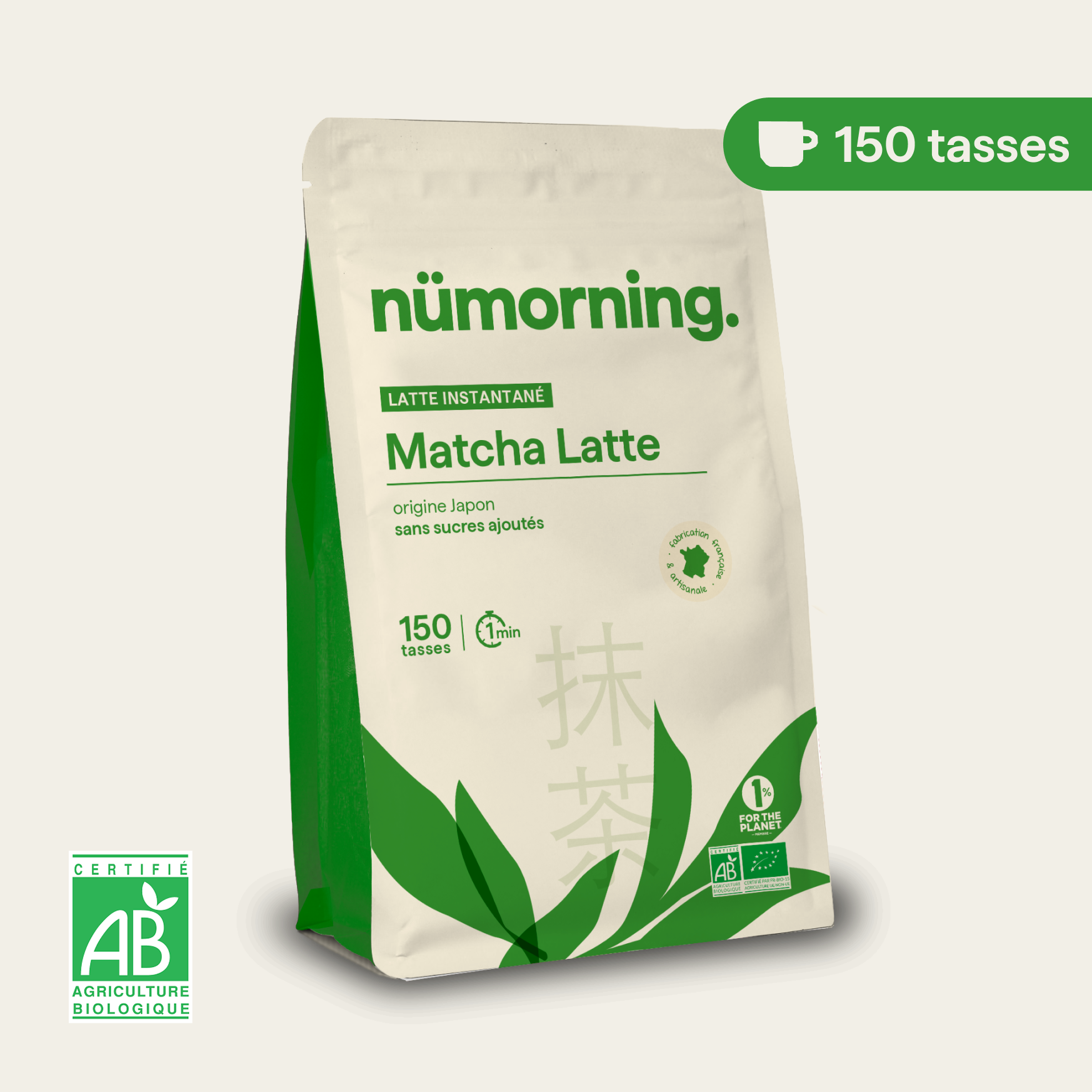 Sachet de matcha latte en poudre nümorning, en format 150 tasses