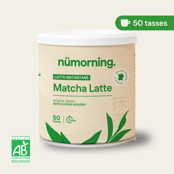 Pot de matcha latte bio en poudre nümorning, en format 50 tasses