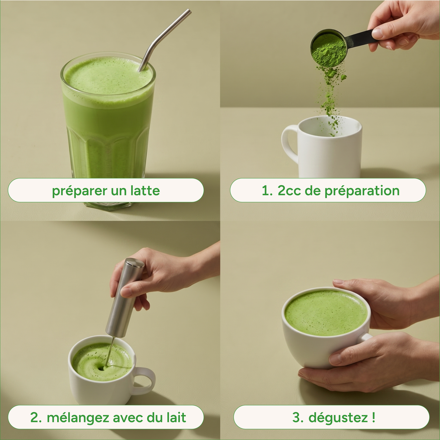 Préparation du matcha latte en 3 étapes : poudre, lait et mélange, dégustation