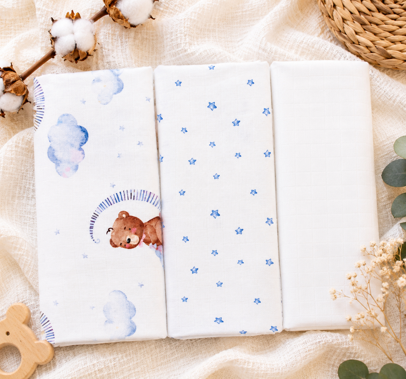 Set of 3/1 premium thicker cotton tetra diapers - Bear in the Cloud