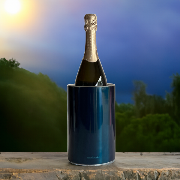 The Coolenator wine cooler midnight blue with a bottle of wine in it.