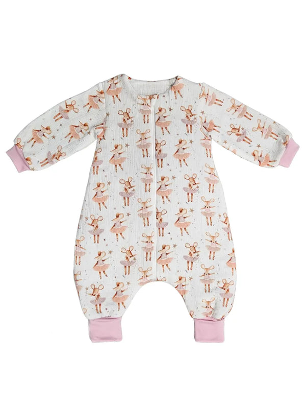 Muslin sleeping bag with legs, sleeves, and filling - Mousie ballerina