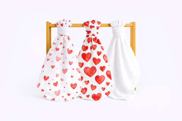 Set of Children's Premium Muslin Tetra Diapers 65x65cm - Set 3/1 - Red Hearts