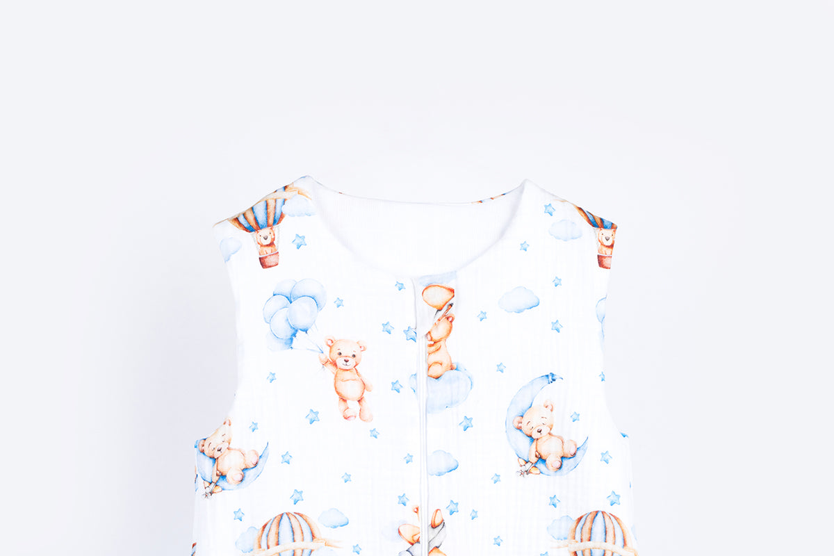 Muslin Double Layer Summer Sleeping Bag with Legs – Sleepy Bear - Blue