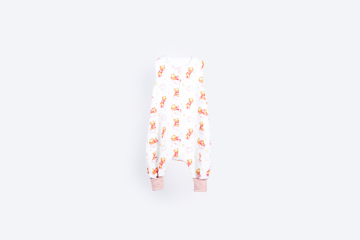 Muslin Double Layer Summer Sleeping Bag with Legs – Sleepy Bear - Pink