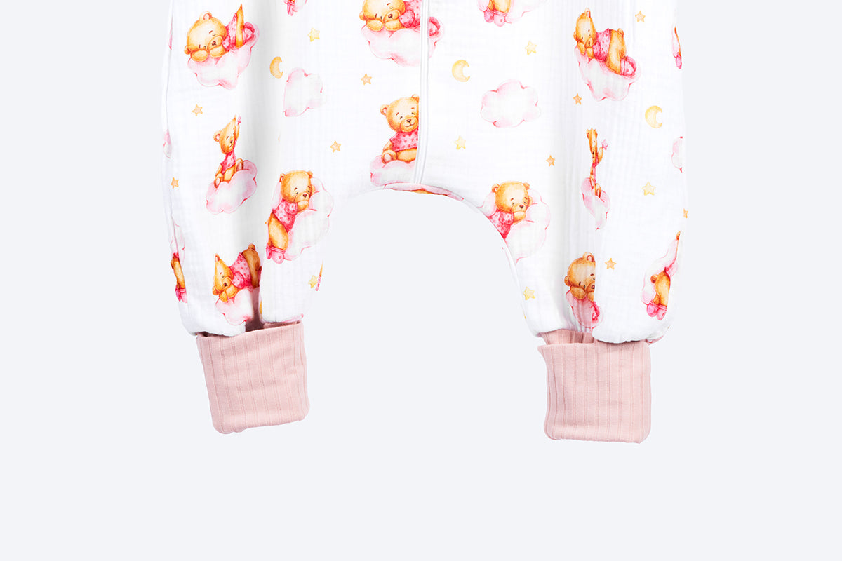 Muslin Double Layer Summer Sleeping Bag with Legs – Sleepy Bear - Pink