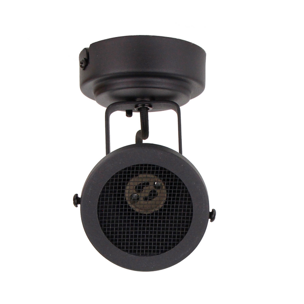 Detail van de compacte zwarte plafondlamp Nero met industrieel ontwerp. Perfect voor een moderne uitstraling in elke kamer.
