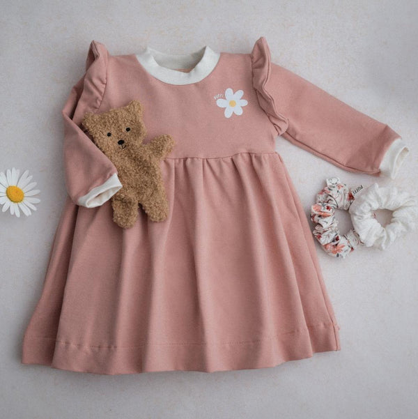 Obleka dolgi rokav z naborki - POWDER PINK Diasy - PUFFI