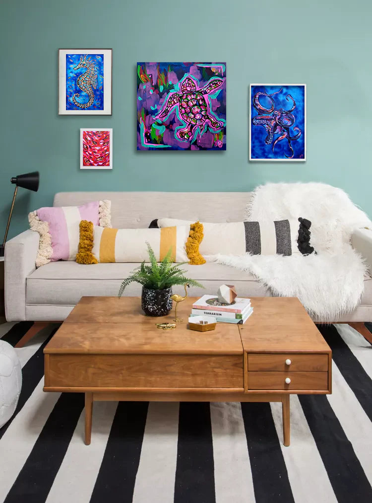 Sea turtle neon pink original painting