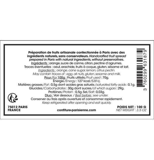 Étiquette de dos d'un pot de 100 g de confiture d'orange : ingrédients, valeurs nutritionnelles et code-barres