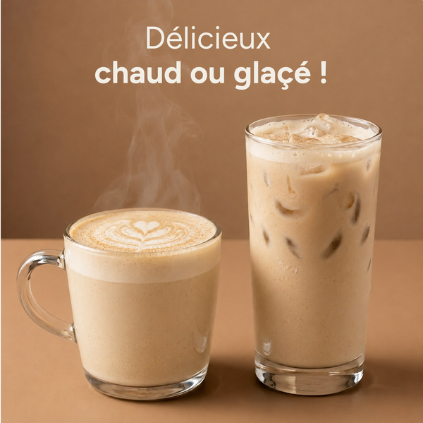 Chaï latte servi chaud en mug et glacé en verre