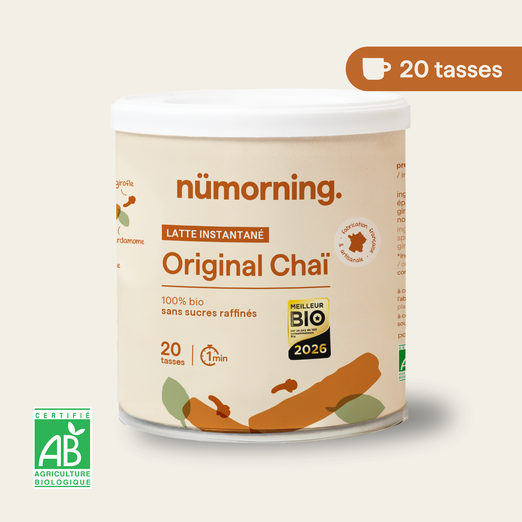 Pot de chaï latte en poudre bio Original Chaï nümorning, en format 20 tasses