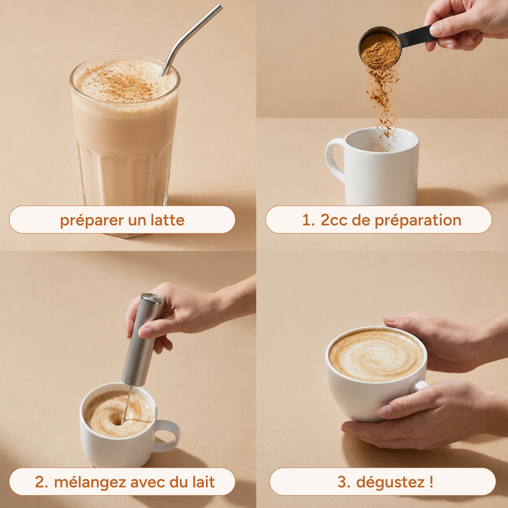 Préparation du chaï latte en 3 étapes : poudre, lait et mélange, dégustation