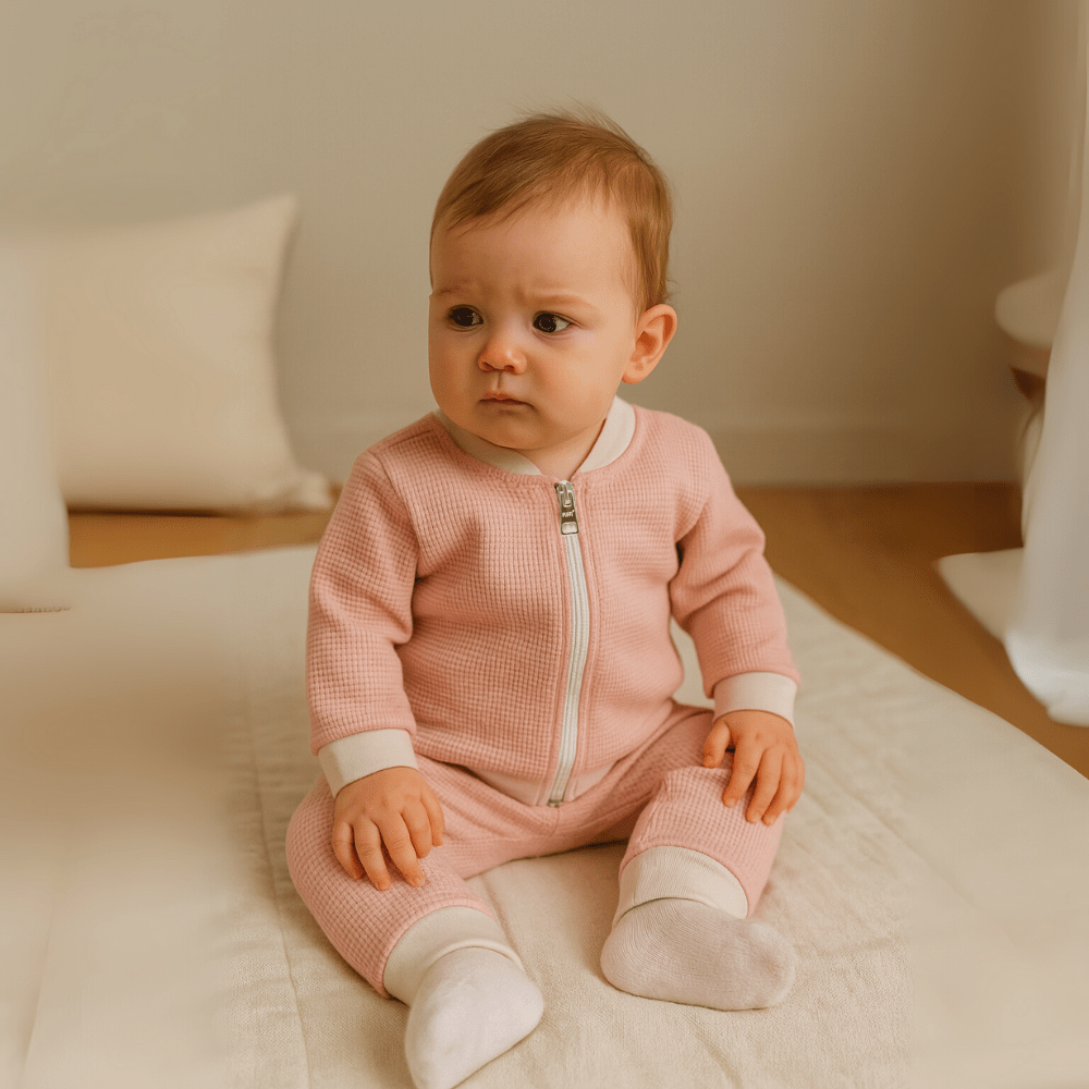 Otroška jopa waffle z zadrgo - Puder roza - PUFFI