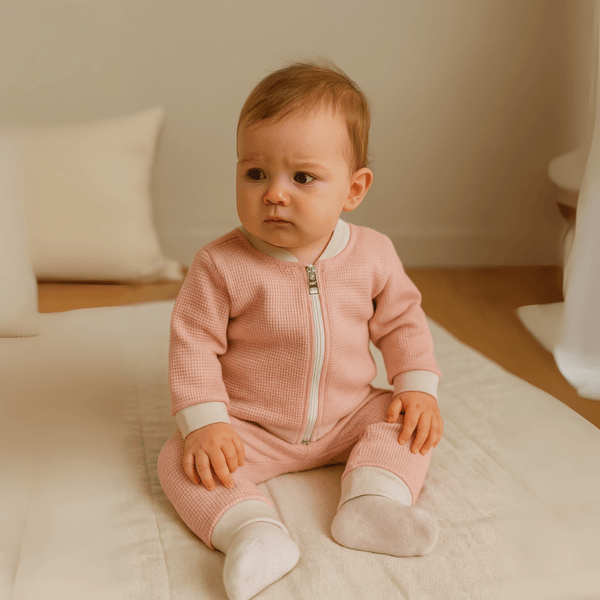 Otroška jopa waffle z zadrgo - Puder roza - PUFFI