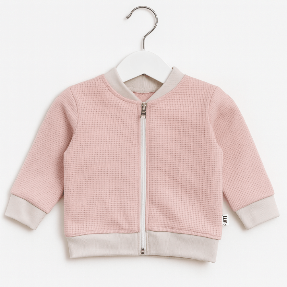 Otroška jopa waffle z zadrgo - Puder roza - PUFFI