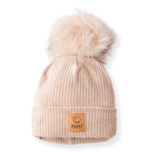 Otroška kapa Beanie + POMPOM - PLIŠ Ribbed BEIGE - PUFFI