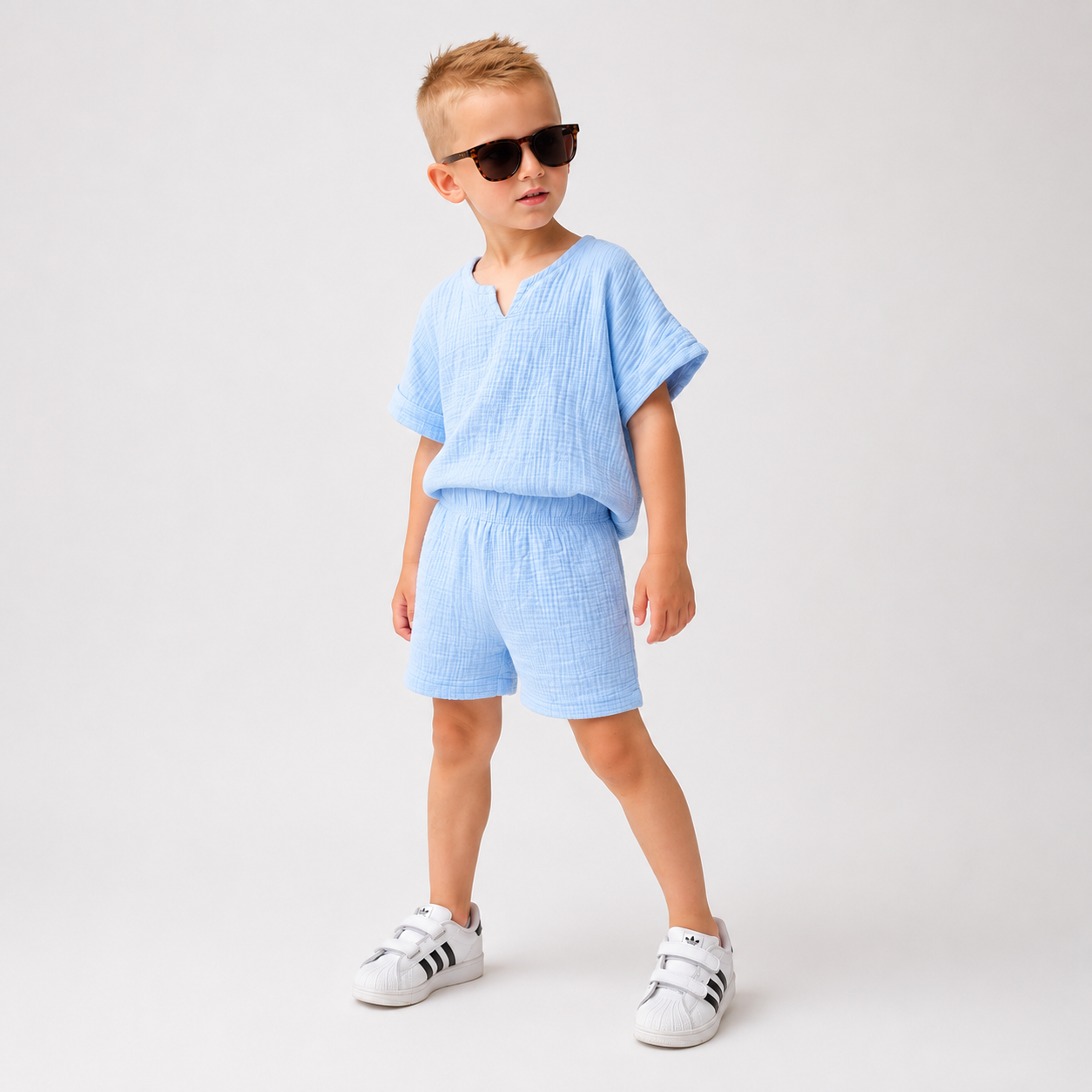 Deček nosi otroško majico Breeze Sky Blue v studijskem okolju.