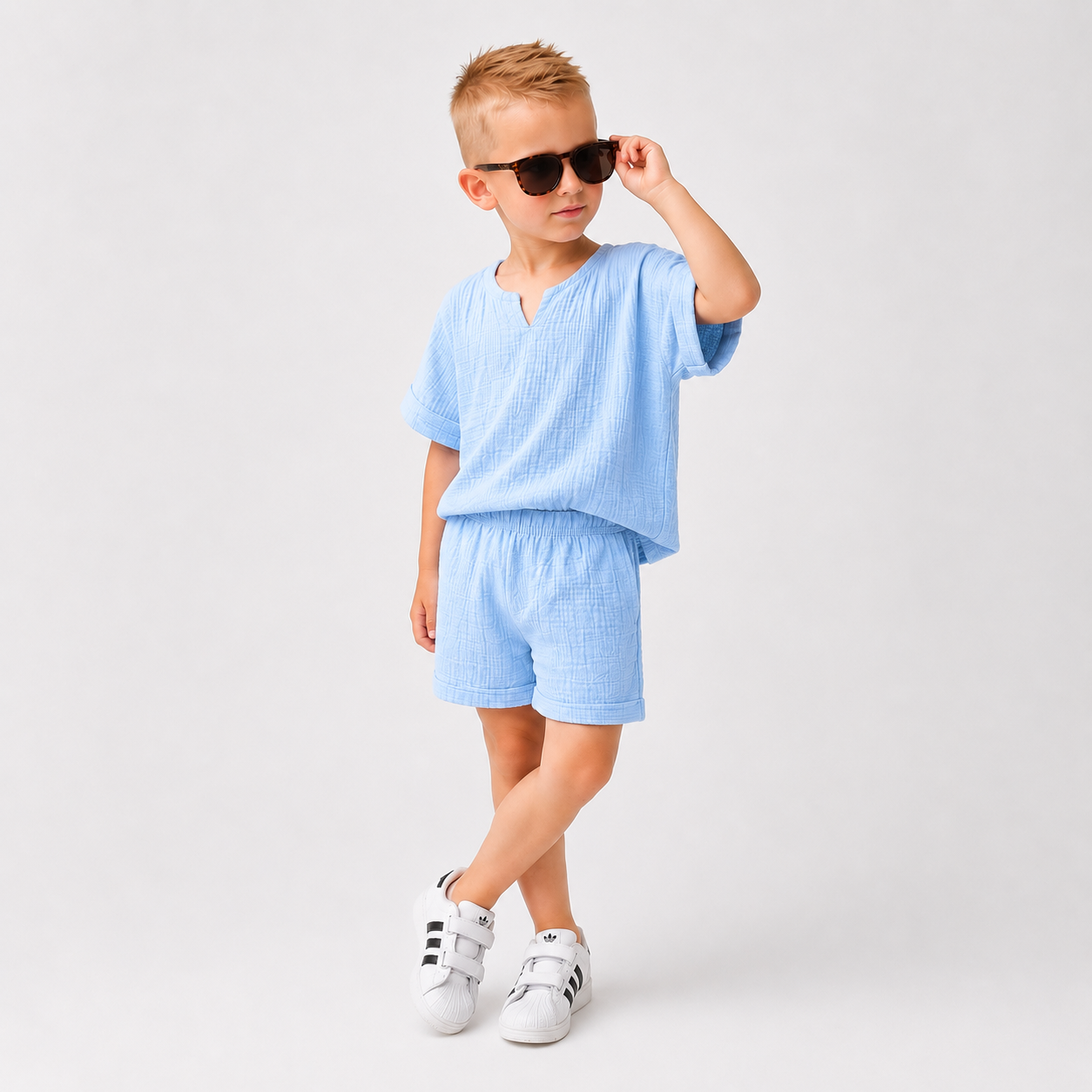 Deček nosi poletni komplet Breeze Sky Blue iz lahkega bombažnega materiala.