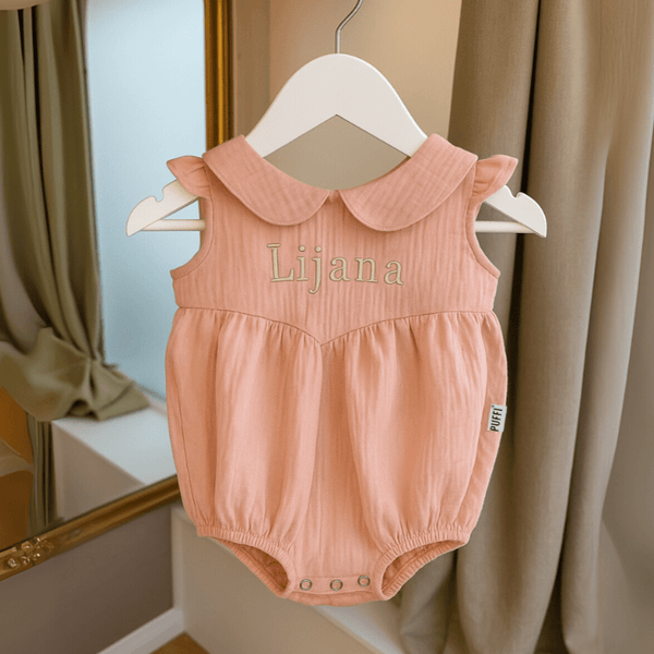Otroški muslin romper z naborki - Puder roza - PUFFI