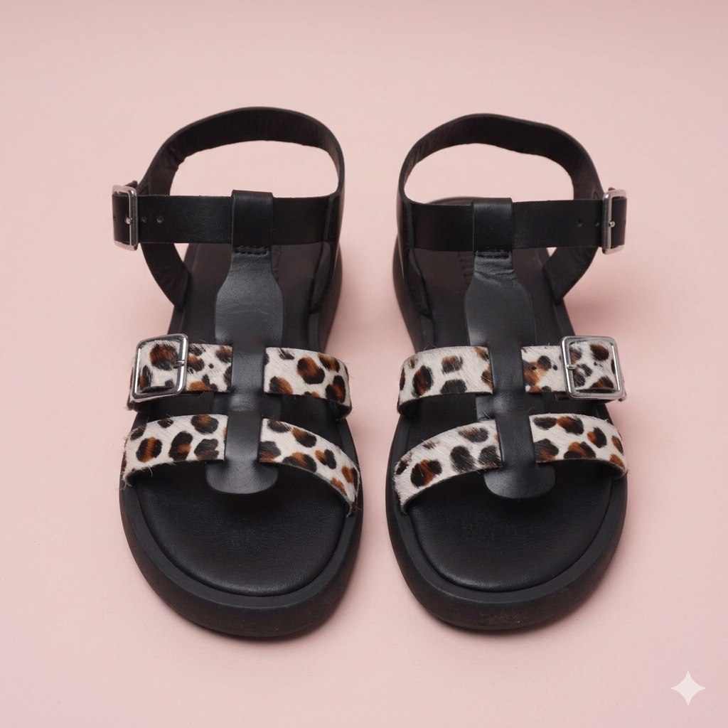 Ottaviona Black Sandal - Leopard Print