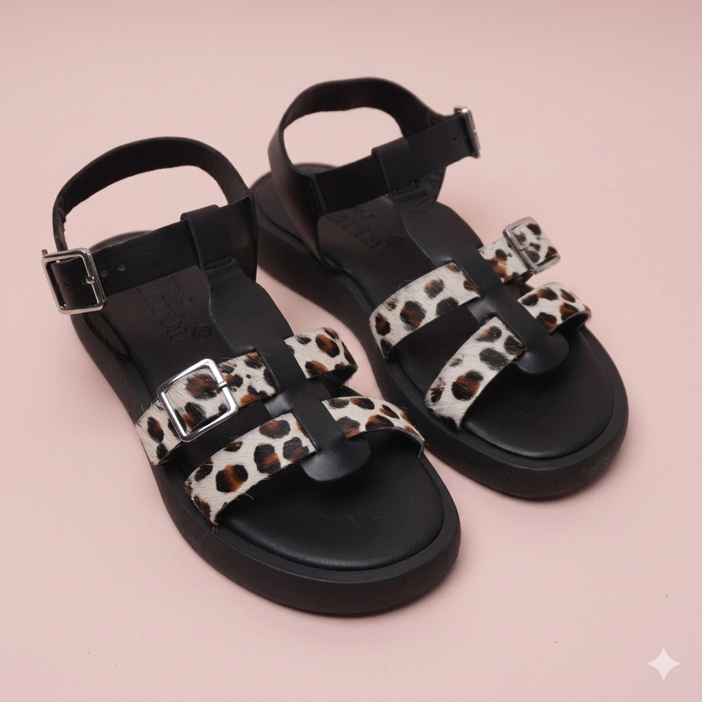 Ottaviona Black Sandal - Leopard Print