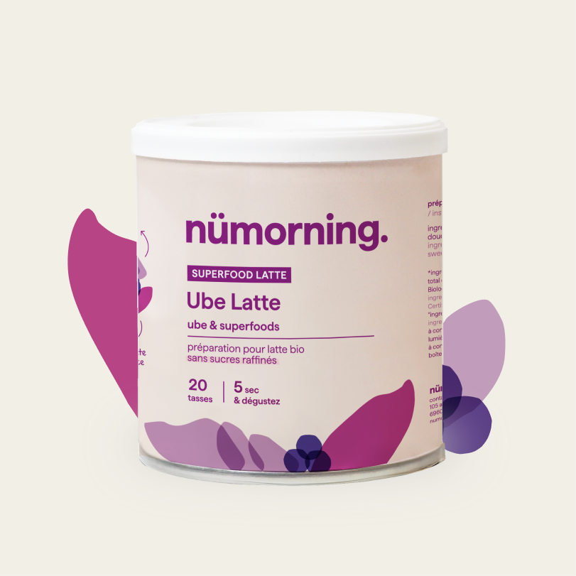Boîte de préparation pour ube latte en poudre bio de la marque nümorning