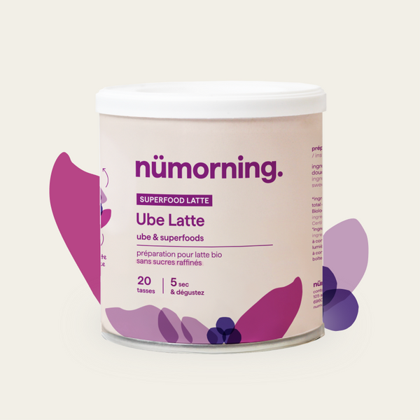 Boîte de préparation pour ube latte en poudre bio de la marque nümorning