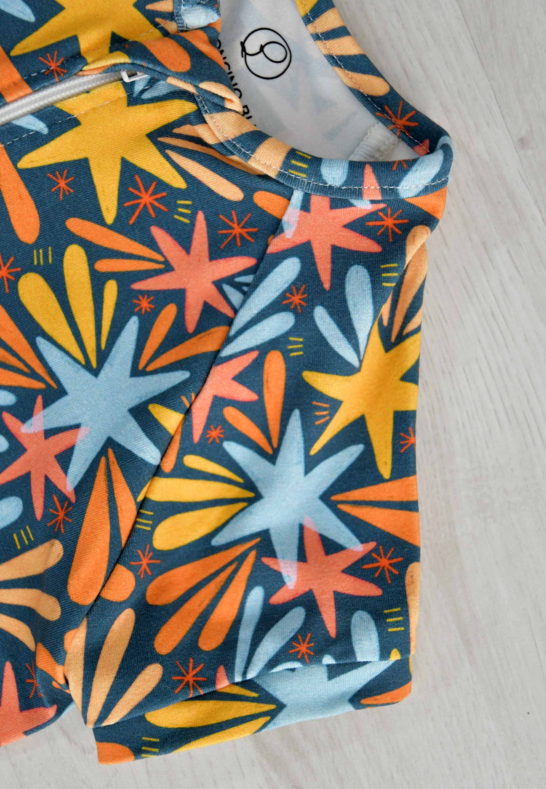 Tutina in Bambù con Zip - Stelle e Fuochi d'Artificio - Palloncino Blu