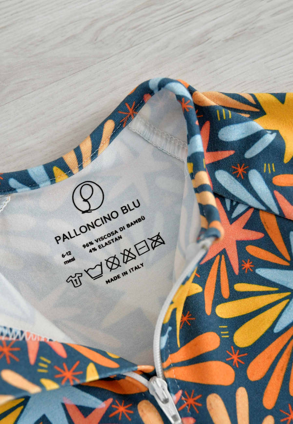Tutina in Bambù con Zip - Stelle e Fuochi d'Artificio - Palloncino Blu