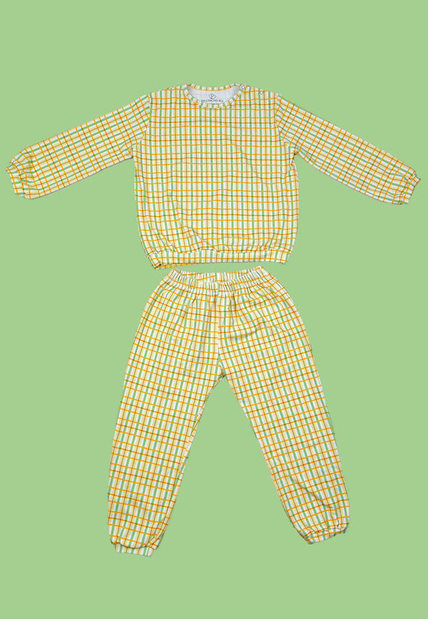 Pigiama in Bambù a Due Pezzi - Tartan Floreale Prato - Palloncino Blu