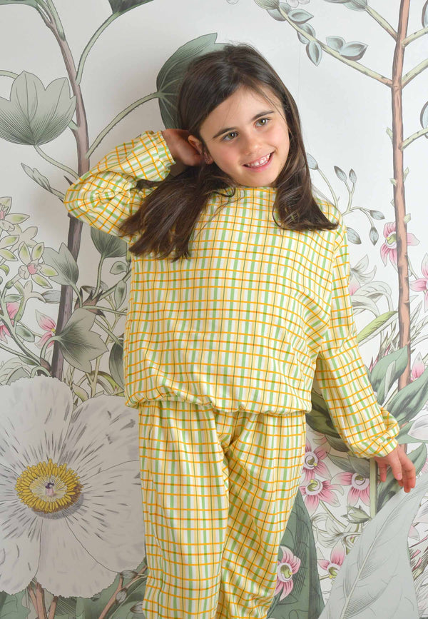 Pigiama in Bambù a Due Pezzi - Tartan Floreale Prato - Palloncino Blu