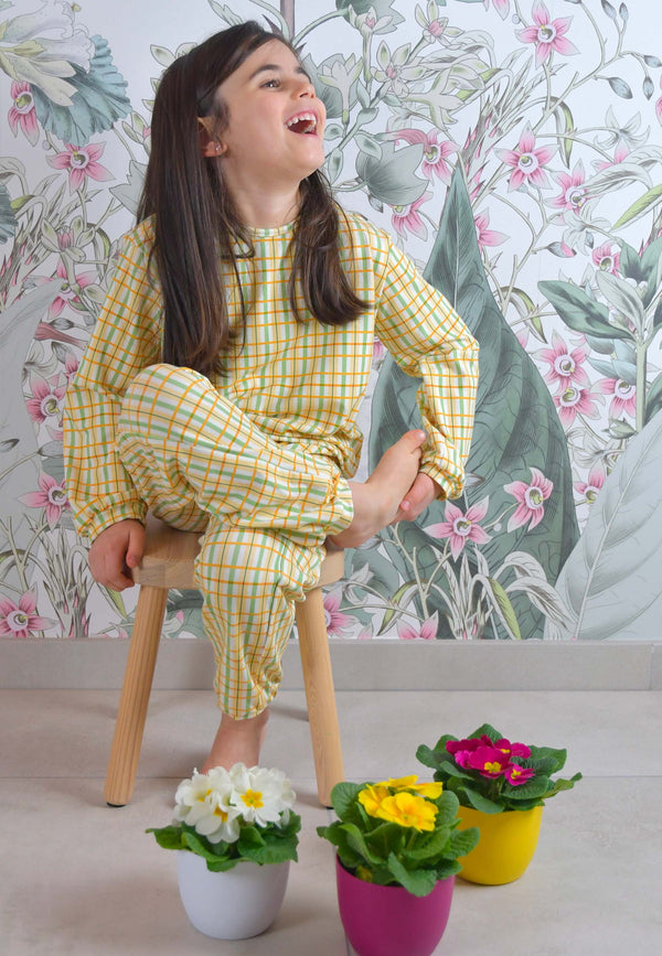 Pigiama in Bambù a Due Pezzi - Tartan Floreale Prato - Palloncino Blu