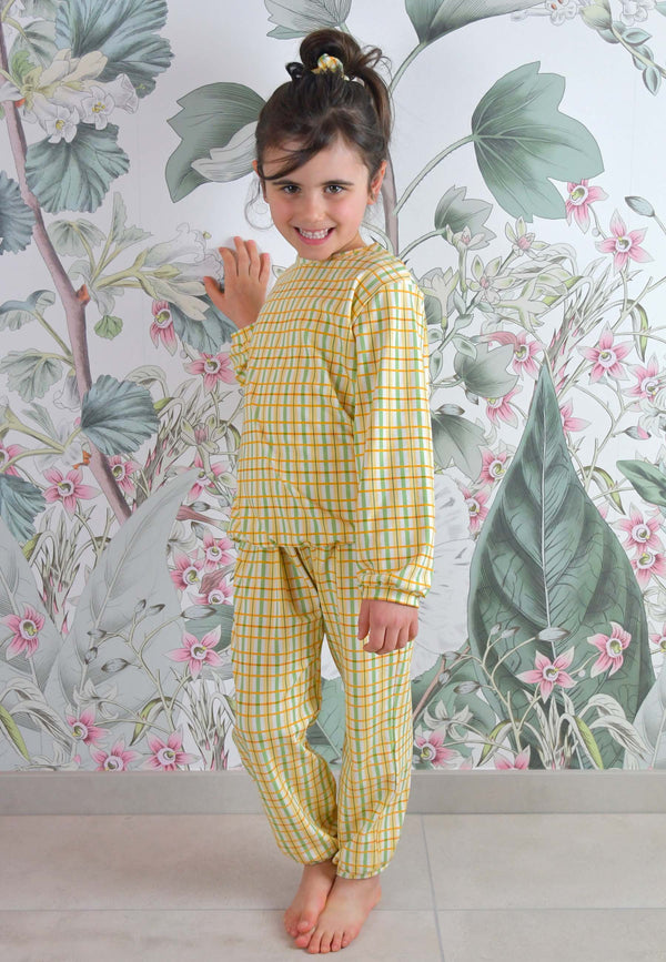 Pigiama in Bambù a Due Pezzi - Tartan Floreale Prato - Palloncino Blu