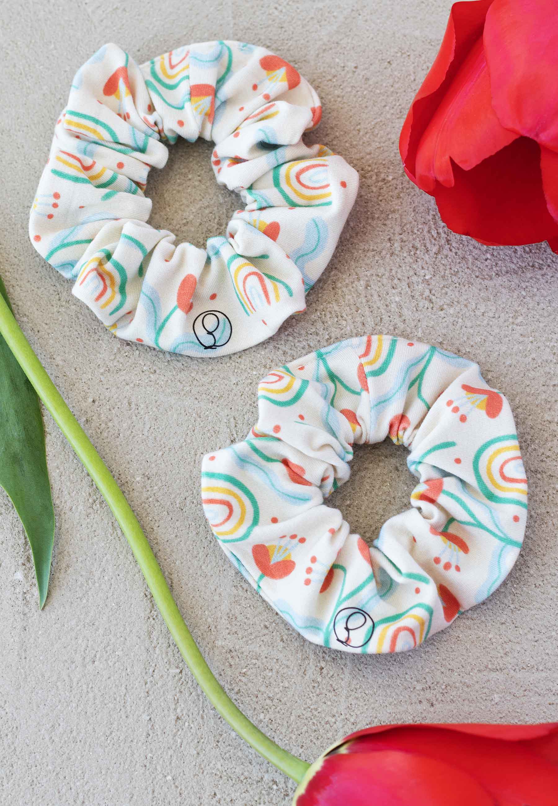 Chouchou in bambù (scrunchie) - Fiori e Arcobaleni - Palloncino Blu
