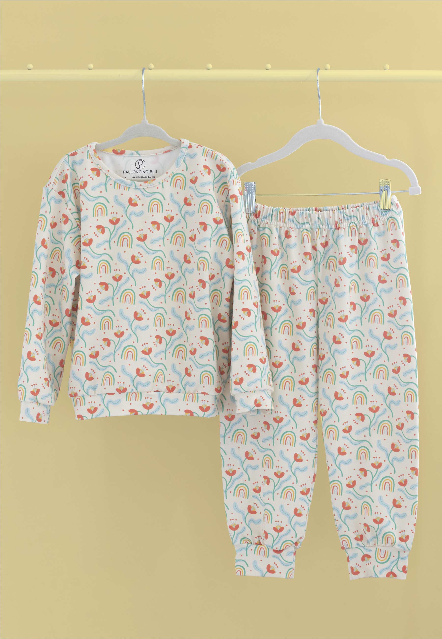 Two-Piece Bamboo Pajamas - Flowers and Rainbows - Blue Balloon