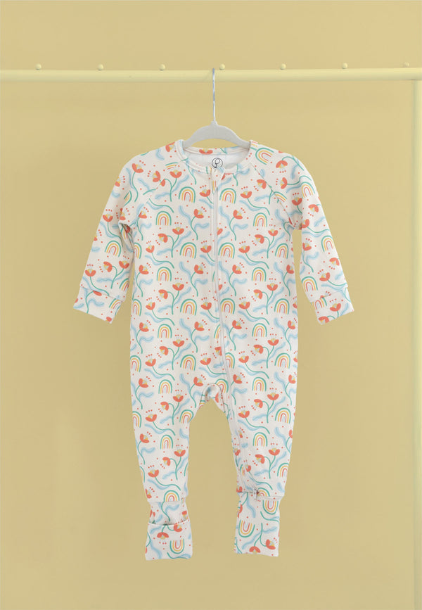 Bamboo Zip Romper - Flowers and Rainbows - Blue Balloon