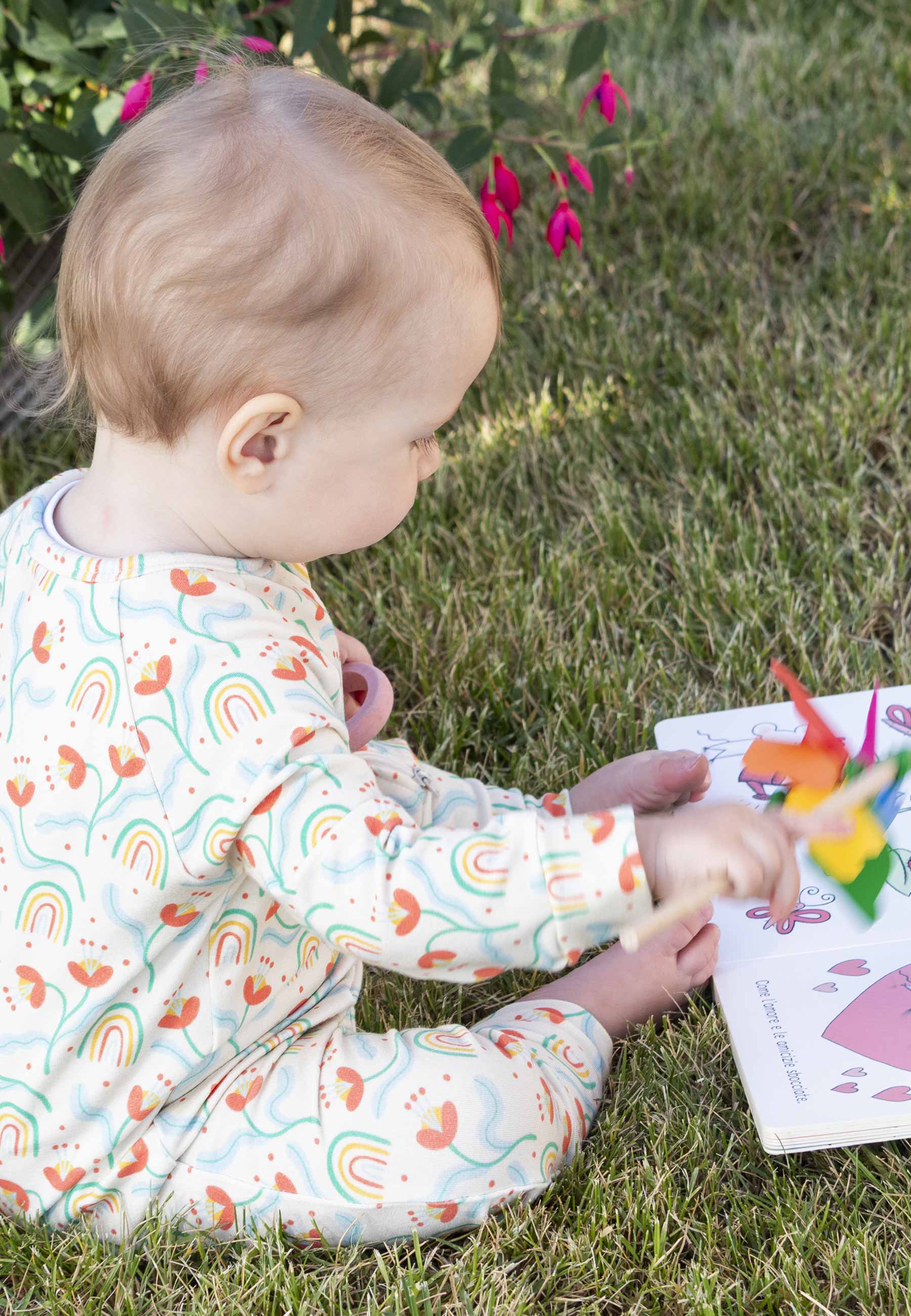 Bamboo Zip Romper - Flowers and Rainbows - Blue Balloon