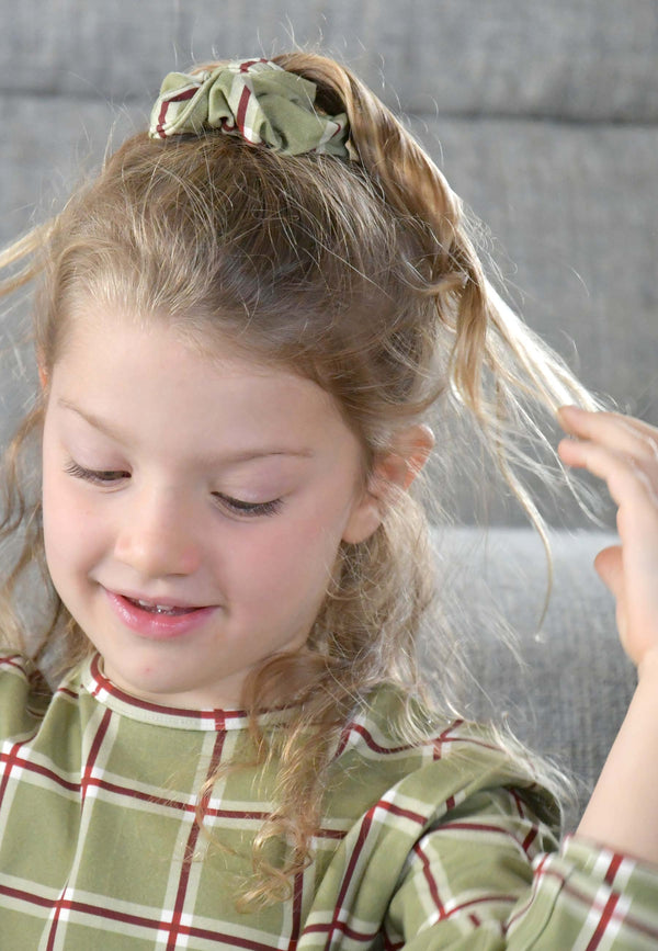 Chouchou in bambù (scrunchie) - Tartan natalizio verde muschio - Palloncino blu