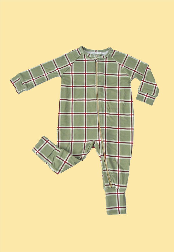 Tutina con zip in bambù - Tartan verde muschio Natale - Palloncino blu