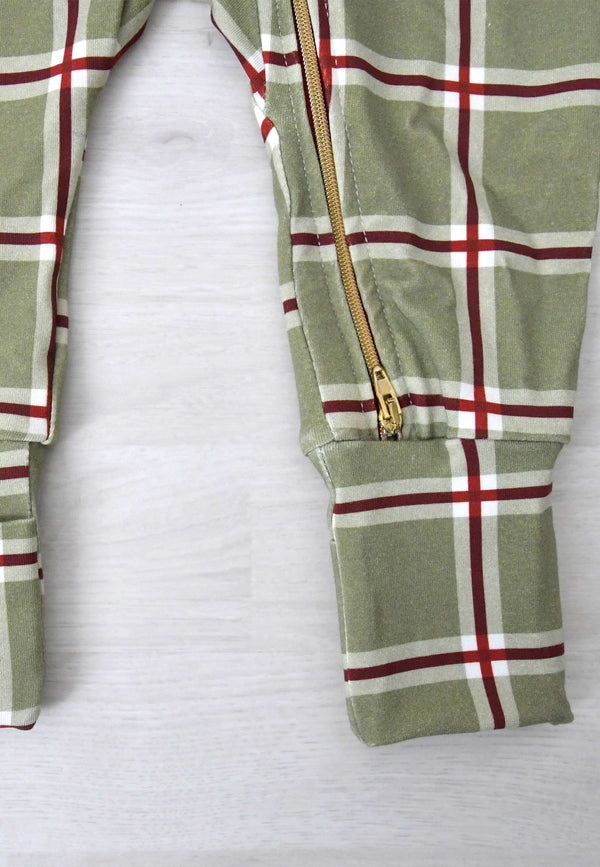 Bamboo Zip Romper - Moss Green Tartan Christmas - Blue Balloon