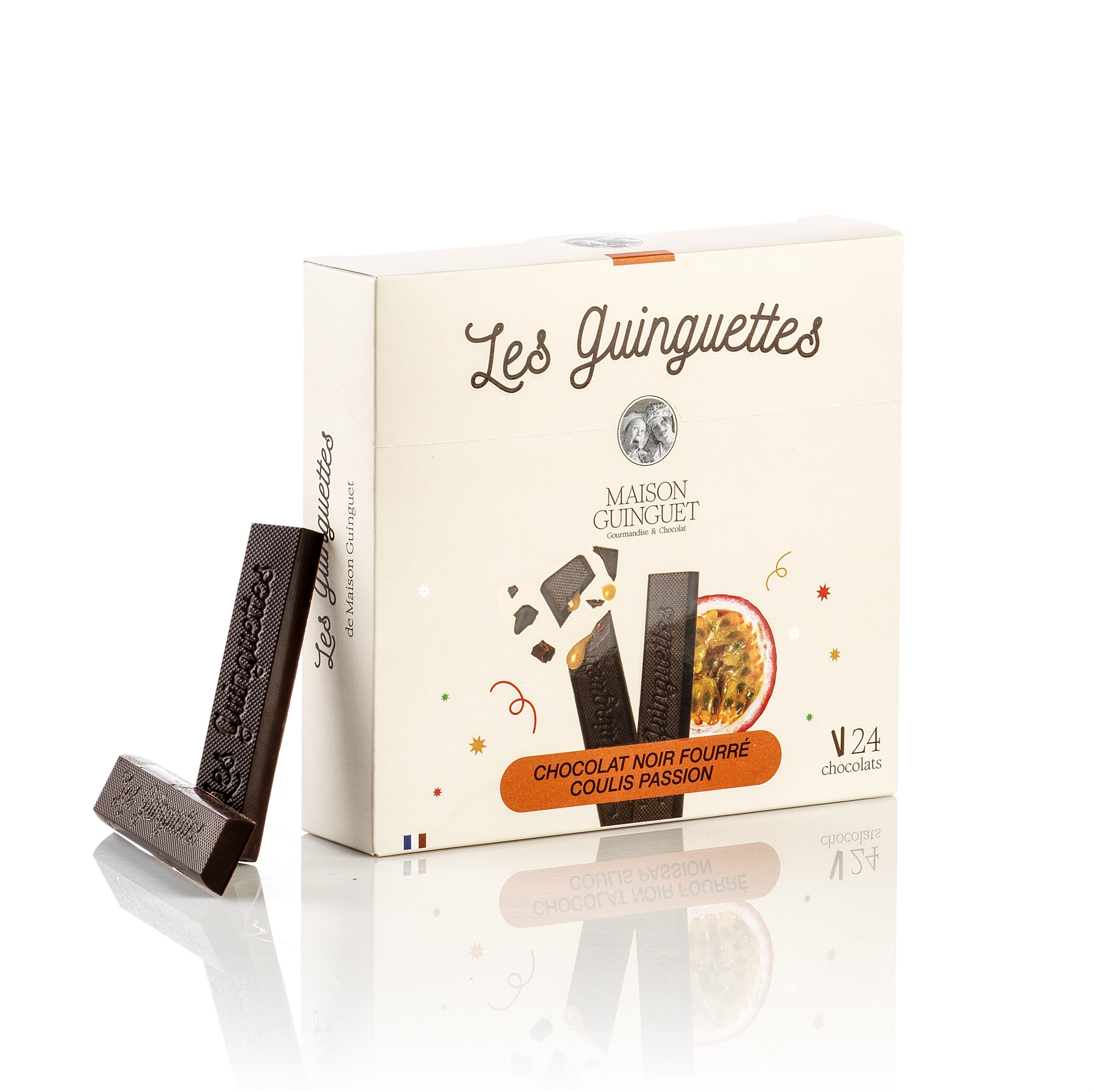 THE DARK CHOCOLATE FILLED GUILLETTE WITH PASSION FRUIT SAUCE