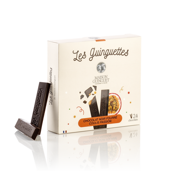 THE DARK CHOCOLATE FILLED GUILLETTE WITH PASSION FRUIT SAUCE