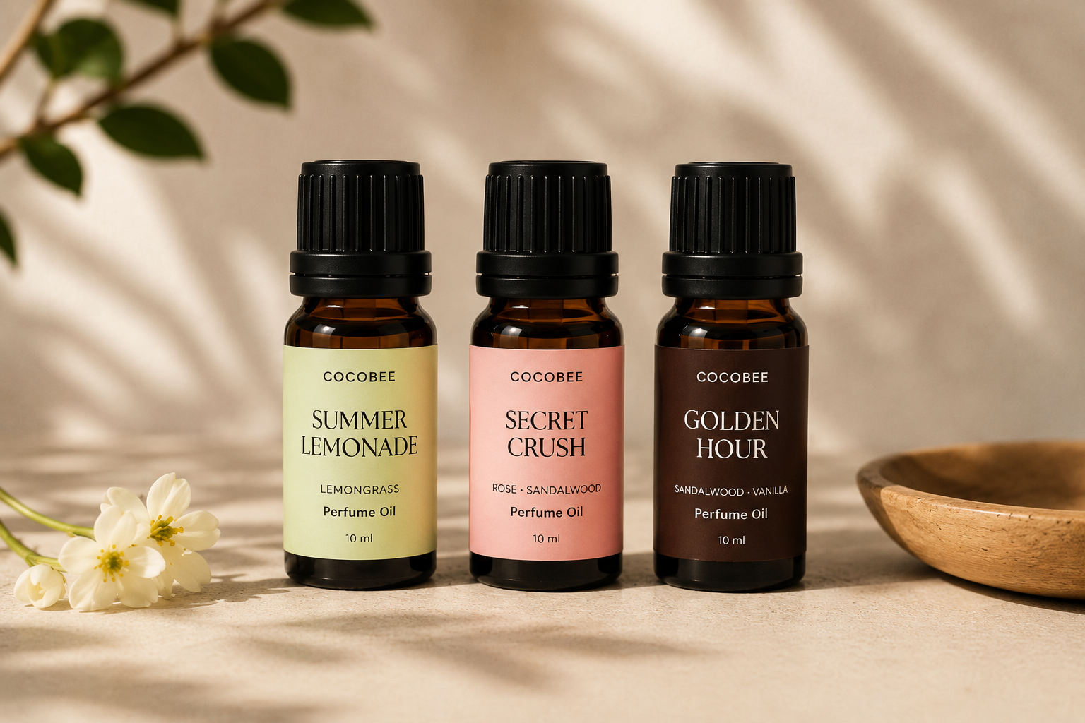 CocoBee Perfume Oil collection in Summer Lemonade, Secret Crush and Golden Hour scents