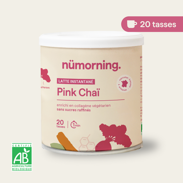 Pot de pink latte bio en poudre Pink Chaï nümorning, en format 20 tasses