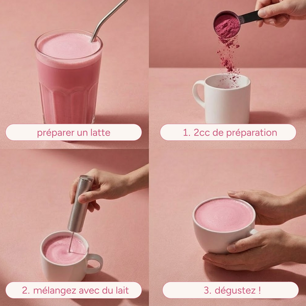 Préparation du pink chaï en 3 étapes : poudre, lait et mélange, dégustation